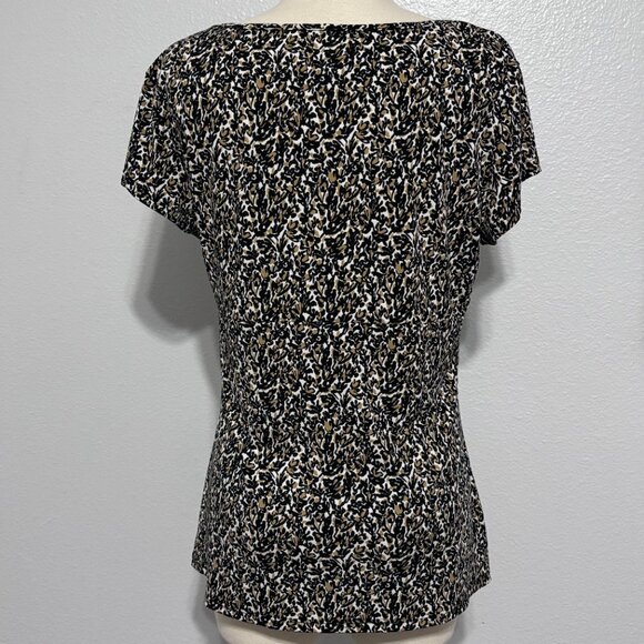 Van Heusen Black Tan White Floral Print Short Sleeve Top L Made in USA Stretch - Picture 4 of 11